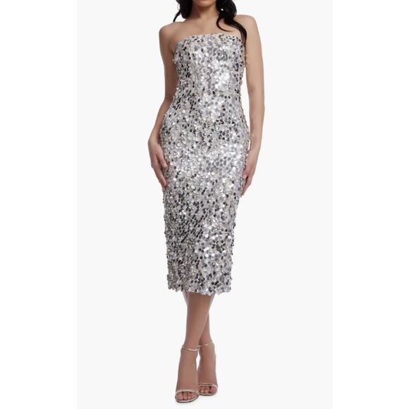 Dress The Population Viviana Silver Sequin Strapless Sheath Cocktail Dress Sz XL - Picture 1 of 14